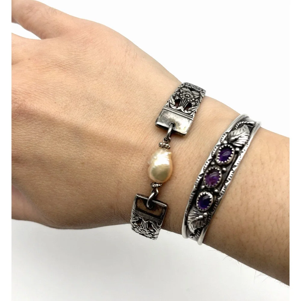 1950s Coronation Silver-plated Floral Spoon Bracelet w/ Freshwater Pearl 6.75